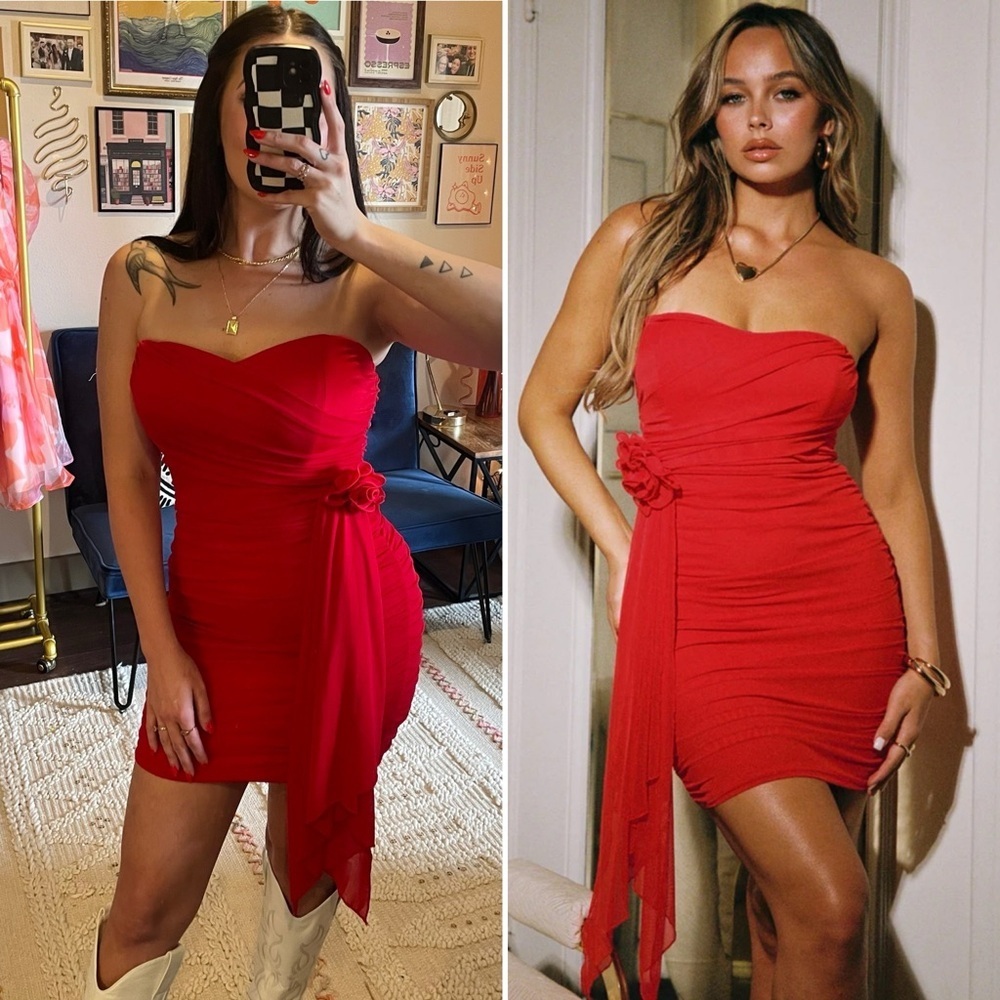 Hello Molly Red Flower Ruched Strapless Mini Dress
